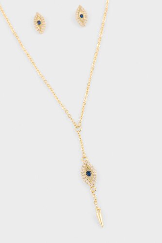 Reis X DeFacto Mavi Taşlı Gold Kolye Küpe Set
