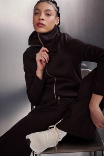 Kadın Kahve Standart Fıt Skuba Dalgıç Kumaş Fermuarlı Sweatshirt