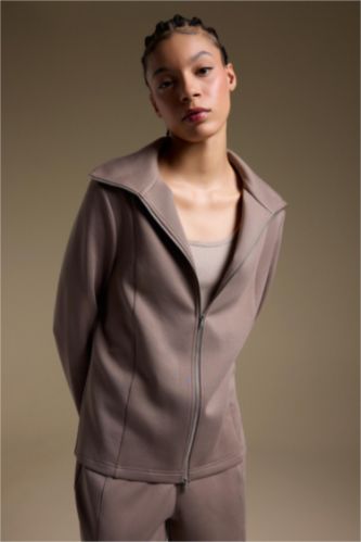 Kadın Açık Kahve Standart Fıt Skuba Dalgıç Kumaş Fermuarlı Sweatshirt