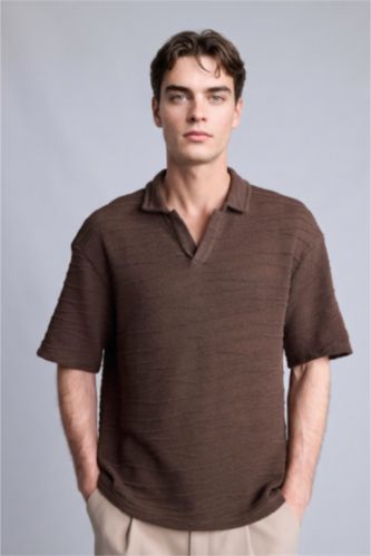 Erkek Kahve Boxy Fıt Kısa Kollu Polo Tişört