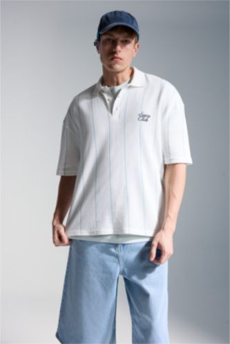 Erkek Mavi Loose Fit Baskılı Polo Tişört