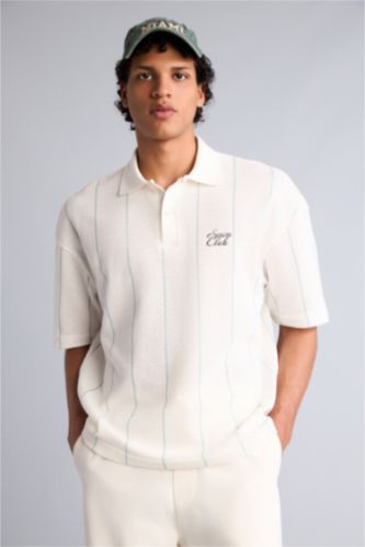 Erkek Mavi Loose Fit Kısa Kollu Baskılı Polo Tişört