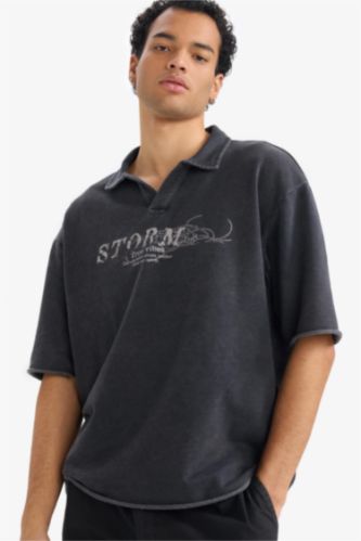 Loose Fit Polo Neck Printed Sweatshirt Fabric Polo Shirt