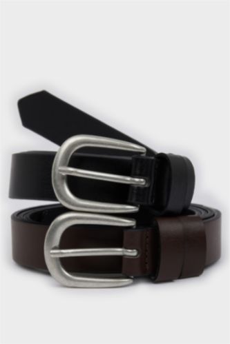 Erkek Oval Toka Suni Deri 2'li Klasik Kemer