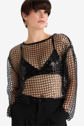 Overshirt Fit Bisiklet Yaka Payetli Kumaş Uzun Kollu Bluz