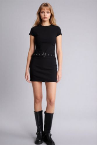 Женщины Черный Платье с коротким рукавом мини Платье bodycon с круглым вырезом бенгалин Coool