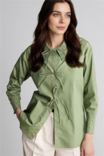 WOMAN Green Regular Fit Poplin Long Sleeve Tunic