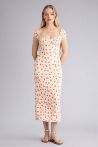 Женщины Кремовый Облегающее платье макси из ткани букле на бретельках с цветочным узором