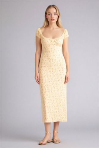 نساء أصفر فاتح فستان نص كم طويل فلورال القماش المنسوج بوديكون بحمالات