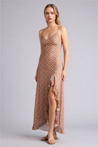 Женщины Коричневый Платье с коротким рукавом макси на бретельках с принтом животных Ажурная