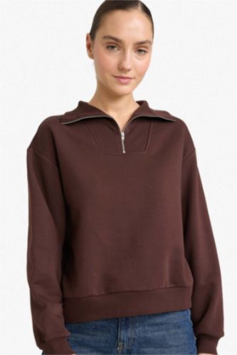 Regular Fit Yarım Fermuarlı Balıkçı Yaka Basic Düz Sweatshirt