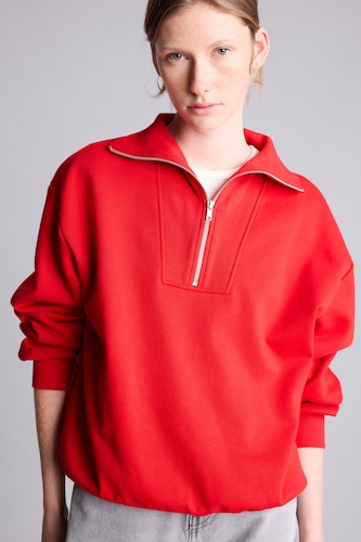 Kadın Kırmızı Yarım Fermuarlı Balıkçı Yaka Basıc Basic Sweatshirt