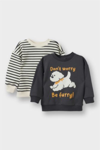 Erkek Bebek Bisiklet Yaka İçi Yumuşak Tüylü 2'li Sweatshirt