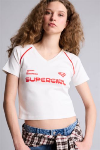 Женщины Кремовый Supergirl Fitted V жағалы баспалы рибана қысқа жеңді футболка