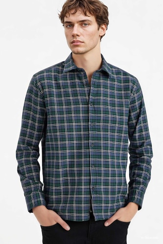 Men Green Cotton Plaid Shirt
