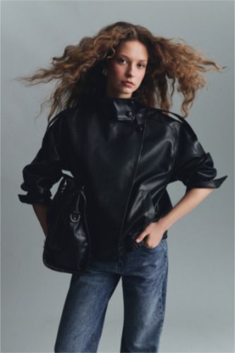 Woman Black Dad Fit Faux Leather Faux Leather Jacket
