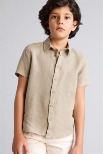 Erkek Çocuk - Genç Erkek Haki %100 Keten Gömlek Erkek Çocuk