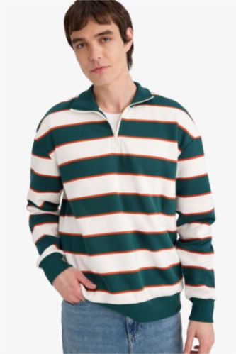 Boxy Fit Dik Yaka Yarım Fermuarlı Çizgili Sweatshirt