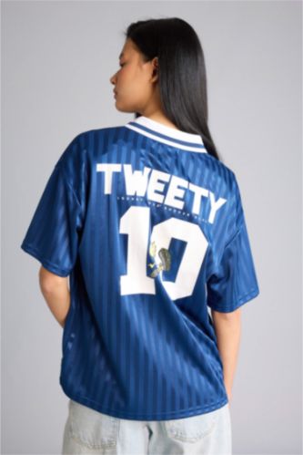 Kadın İndigo Looney Tunes Oversıze Polo Yaka Baskılı Kısa Kollu Tişört