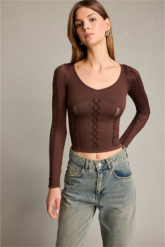 Fitted V Yaka Uzun Kollu Tişört