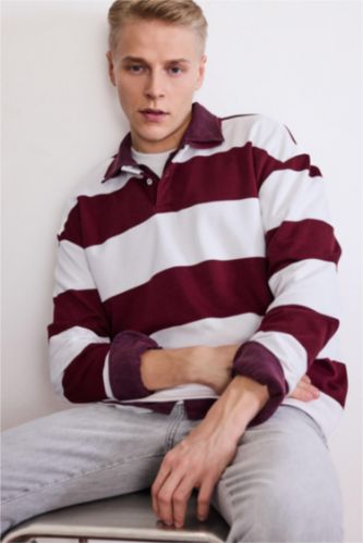 Boxy Fit Polo Yaka Çizgili Sweatshirt