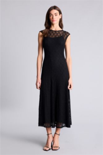 حريمي أسود فستان نص كم بالدانتيل برجل واسع بدون كم بياقة مستديرة