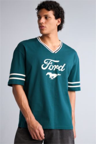 Erkek Yeşil Loose Fit Baskılı Tişört