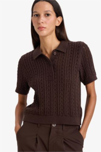 Женщины Коричневый Пуловер стандартного кроя с поло воротником из трикотажа для женщин