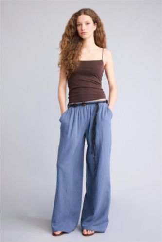 Женщины Голубрй Муслиновые брюки Wide Leg стандартной длины с нормальной посадкой и деталью кармана