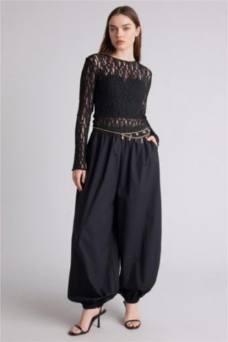 نساء أسود سروال بوبلين بالون فيت