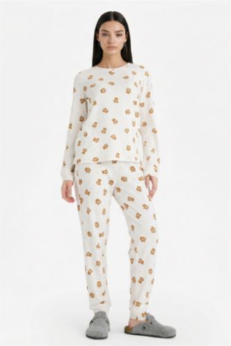 Pijama Takımı Regular Fit Ayıcık Desenli Uzun Kollu Üst Uzun Alt