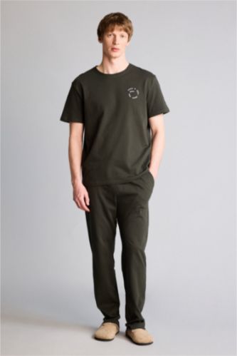 Erkek Haki Regular Fıt Slogan Baskılı Kısa Kollu 2'li Ribana Takım