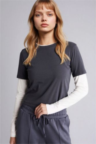 Женщины Антрацит Футболка Loose Fit в рубчик с круглым вырезом и длинным рукавом