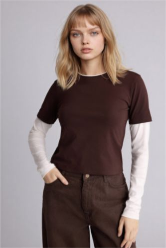 Женщины Коричневый Футболка Loose Fit в рубчик с круглым вырезом и длинным рукавом