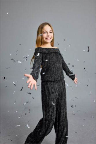 Kız Çocuk 2'li Takım Simli Kumaş Omzu Açık Bluz Pantolon