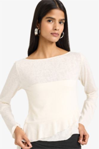 Женщины Бежевый Футболка Slim Fit с круглым вырезом и длинным рукавом