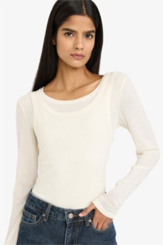 Женщины Кремовый Футболка в рубчик с круглым вырезом и длинным рукавом