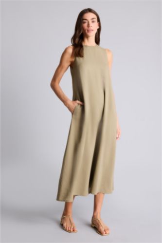Женщины Хаки Linen Blended Midi Dress