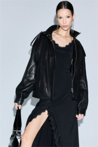 %100 Deri Oversize Geniş Kalıp Dik Yaka Fermuarlı Mont