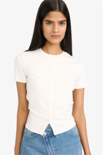 Женщины Кремовый Футболка кашкорсе Fitted в рубчик с круглым вырезом и коротким рукавом