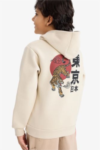 Erkek Çocuk Kapüşonlu Sırt Baskılı İçi Yumuşak Tüylü Sweatshirt