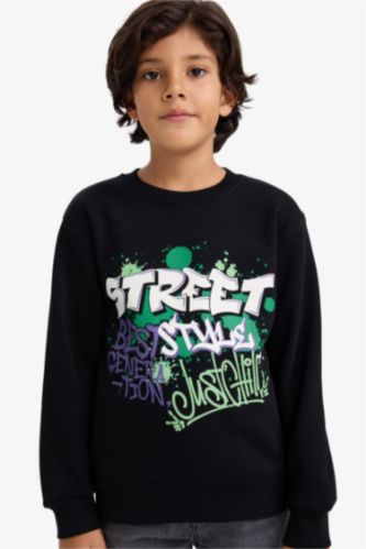 Erkek Çocuk Bisiklet Yaka Baskılı İçi Yumuşak Tüylü Sweatshirt