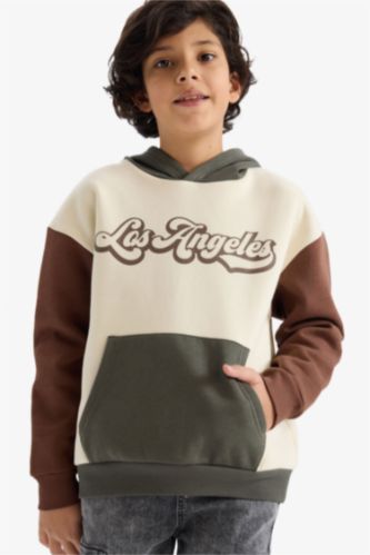 Oversize Geniş Kalıp Kapüşonlu Baskılı İçi Yumuşak Tüylü Sweatshirt Erkek Çocuk