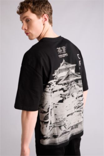 Ерлер қара 100% мақта Boxy Fit баспалы футболка