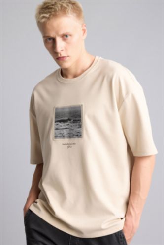 Men Beige Loose Fit Short Sleeve T-Shirt