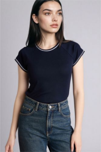 WOMAN NAVY Slim Fit Crew Neck Ribbed T-Shirt
