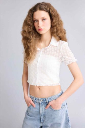 Женщины Кремовый Рубашка с коротким рукавом приталенного кроя с кружевом для женщин