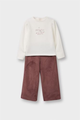 Kız Bebek 2'li Takım Baskılı Sweatshirt Süet Pantolon