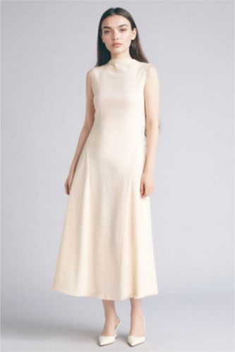 WOMAN Ecru A Cut Dog Collar Sleeveless Dress