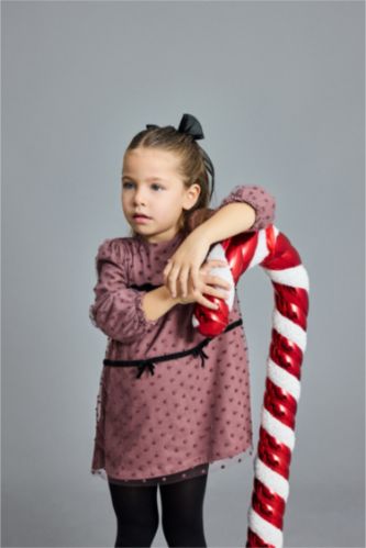 فستان بناتي منقط تول ردن طويل